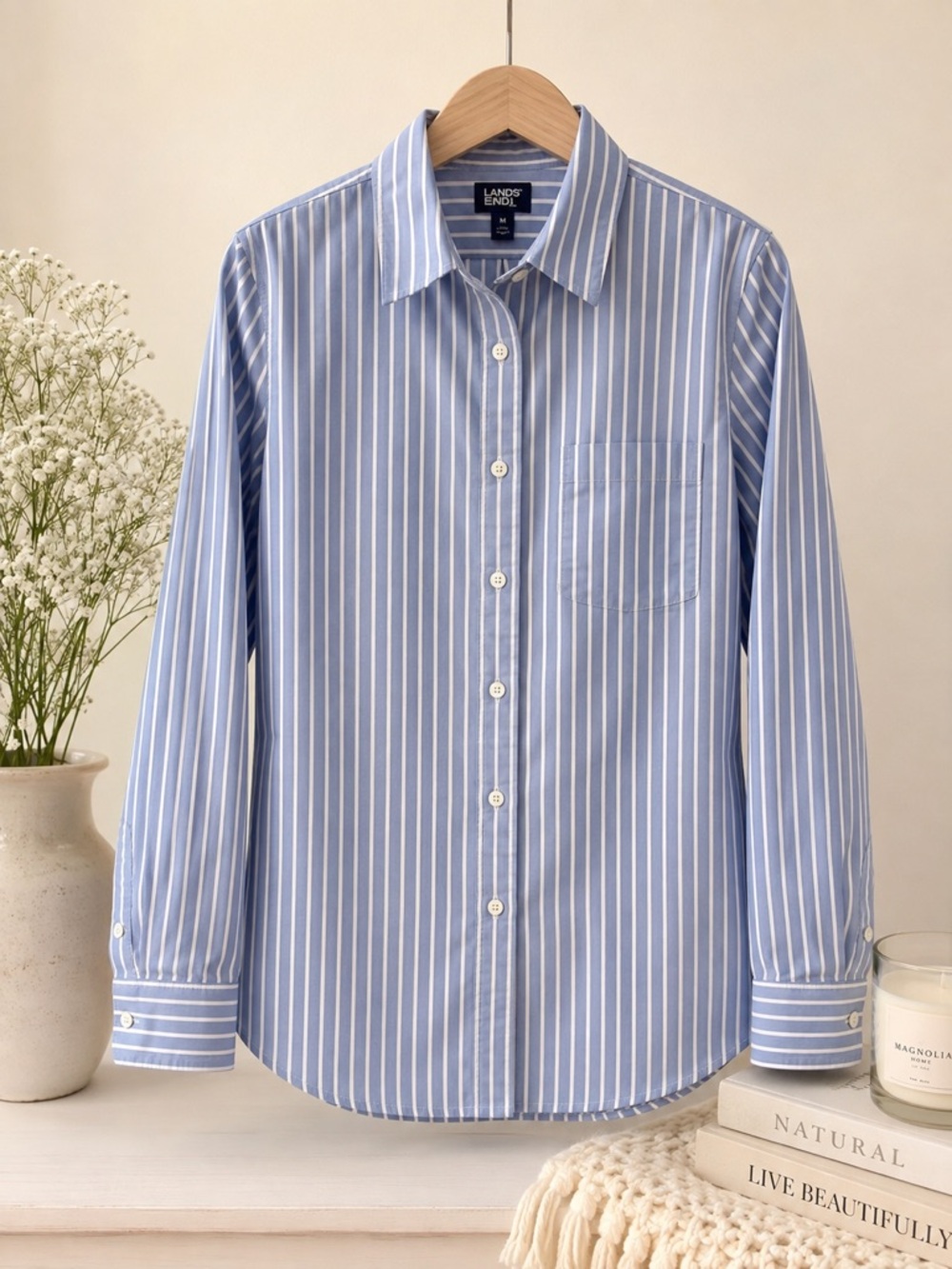Lands’ End Women’s Oxford Button-Down Shirt Size M Blue White Stripe 100% Cotton